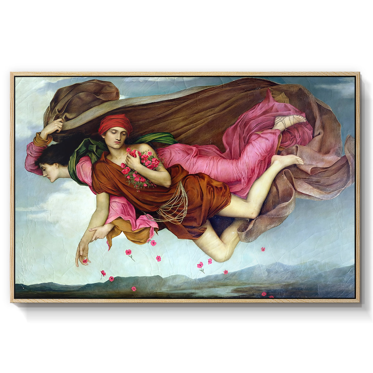 Night and Sleep, 1878 by Evelyn De Morgan in a natural wood floater framed canvas wall art display.