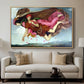 Night and Sleep, 1878 by Evelyn De Morgan displayed in a natural wood floater framed canvas above a sofa in a clean living room.