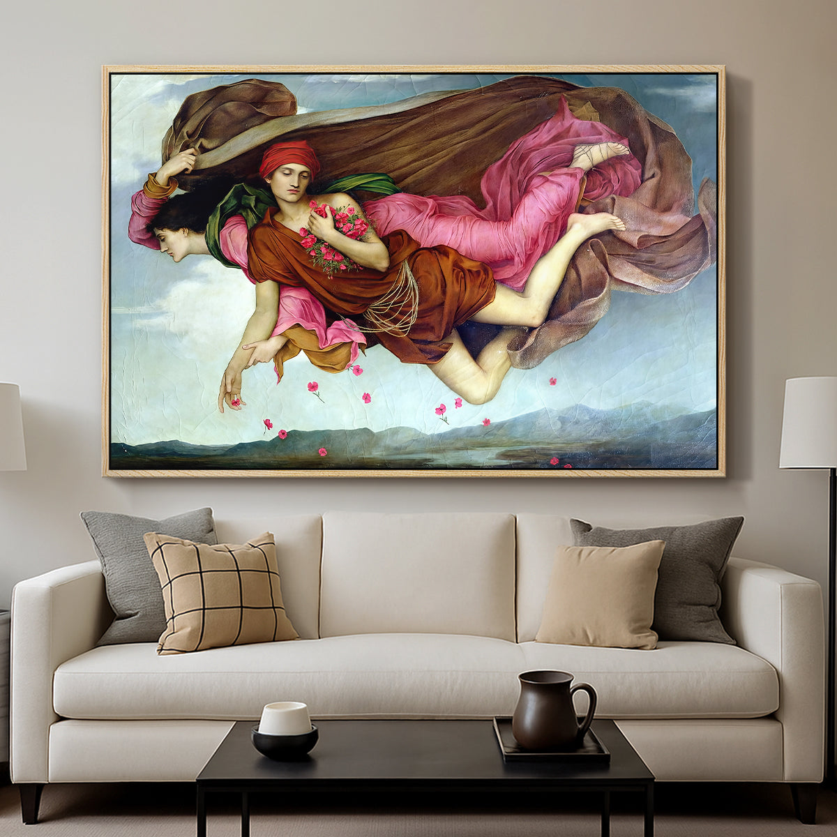 Night and Sleep, 1878 by Evelyn De Morgan displayed in a natural wood floater framed canvas above a sofa in a clean living room.