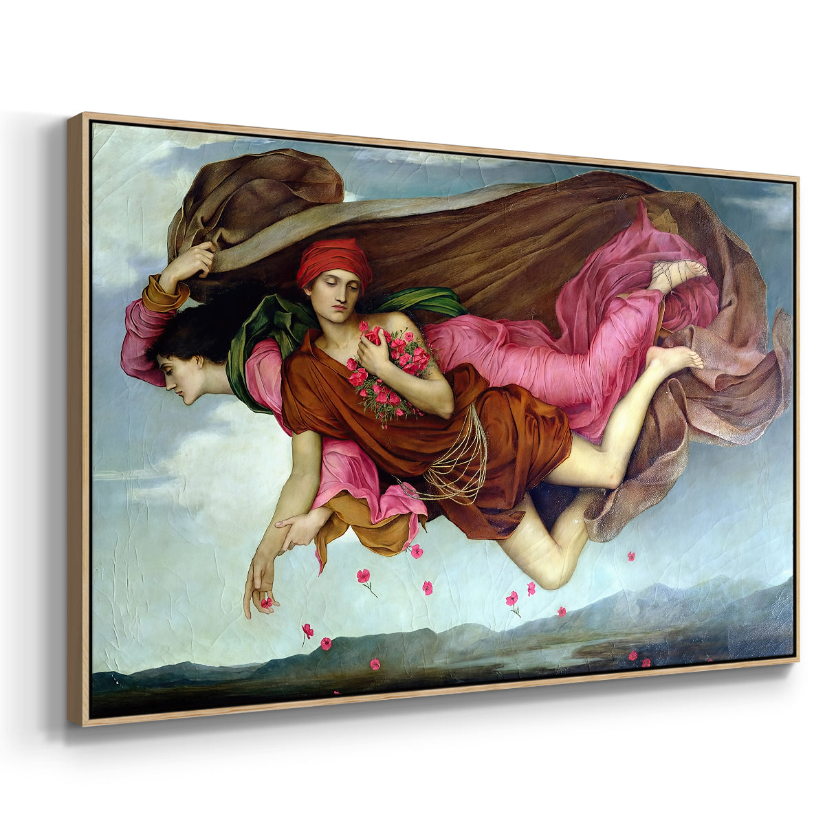 Angled view of Night and Sleep, 1878 by Evelyn De Morgan in a natural wood floater framed canvas.
