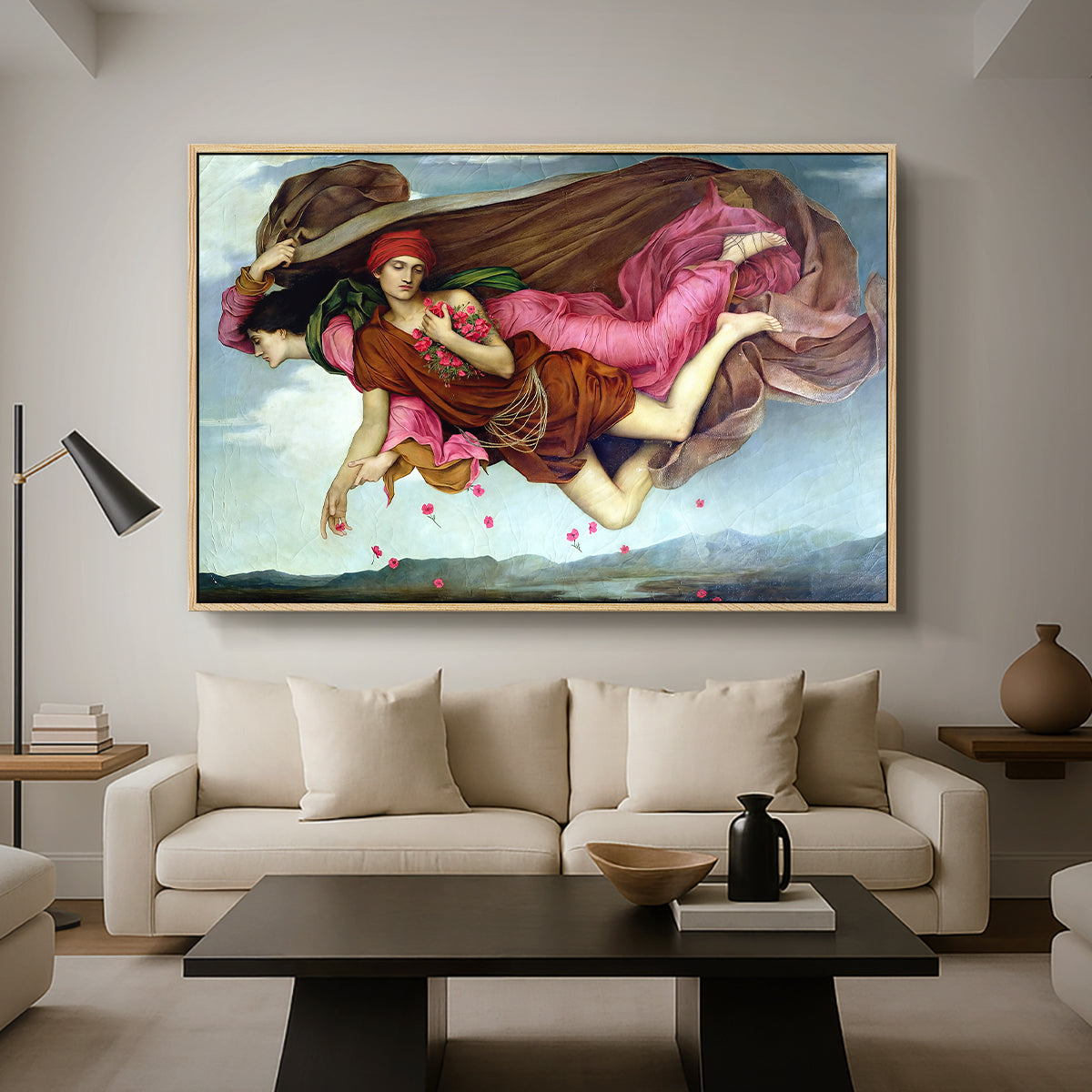 Night and Sleep, 1878 by Evelyn De Morgan as a natural wood floater framed canvas featuring two intertwined female figures floating through dark sky representing night and sleep, displayed above a sofa in a modern living room.