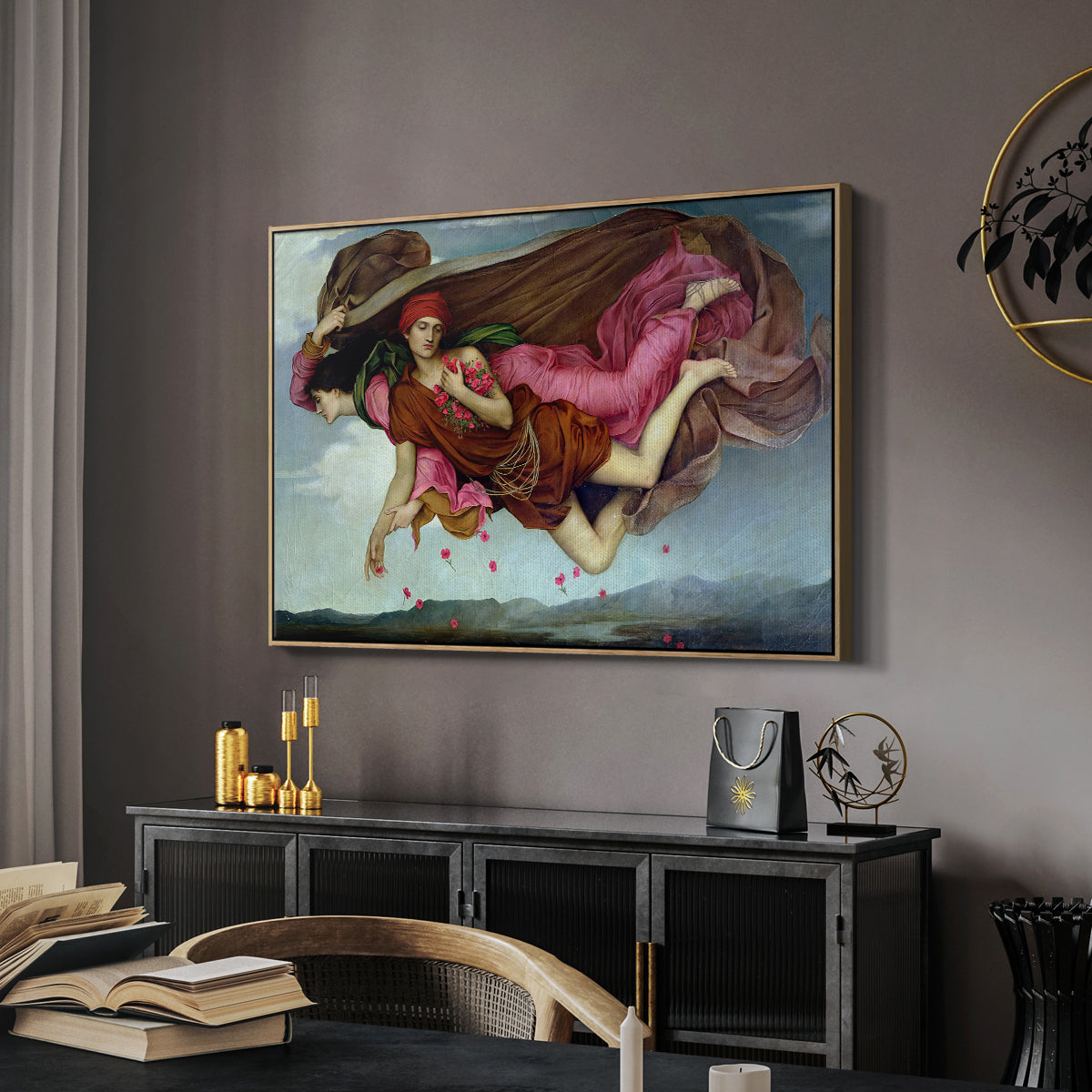 Night and Sleep, 1878 by Evelyn De Morgan in a natural wood floater framed canvas featuring a dreamlike scene with draped figures drifting across dark background, displayed above a desk in a dark home office interior.