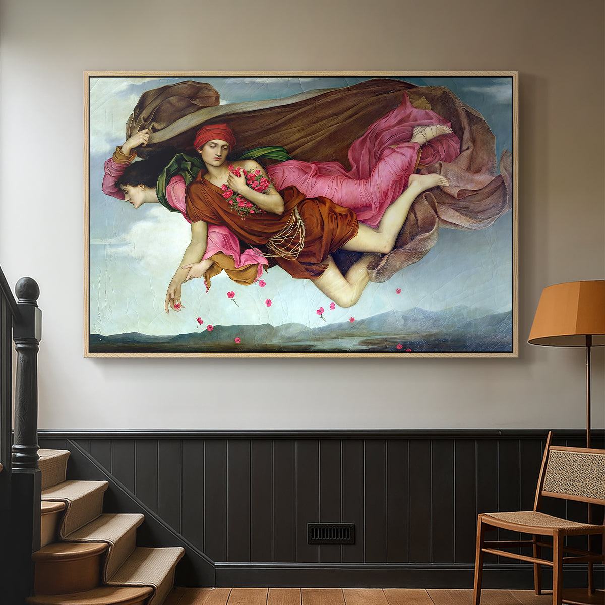 Natural wood floater framed canvas featuring an allegorical painting of intertwined figures in celestial setting, displayed in a hallway near a staircase.