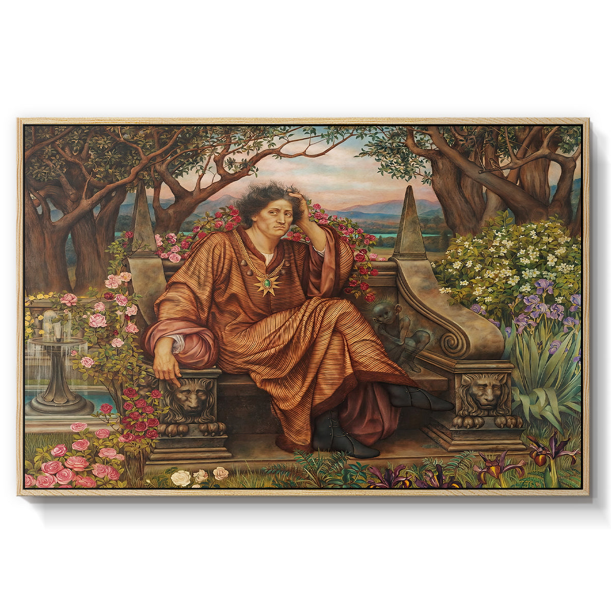 A Soul in Hell, c. 1901-1902 by Evelyn De Morgan in a natural wood floater framed canvas wall art display.
