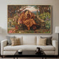A Soul in Hell, c. 1901-1902 by Evelyn De Morgan displayed in a natural wood floater framed canvas above a sofa in a clean living room.