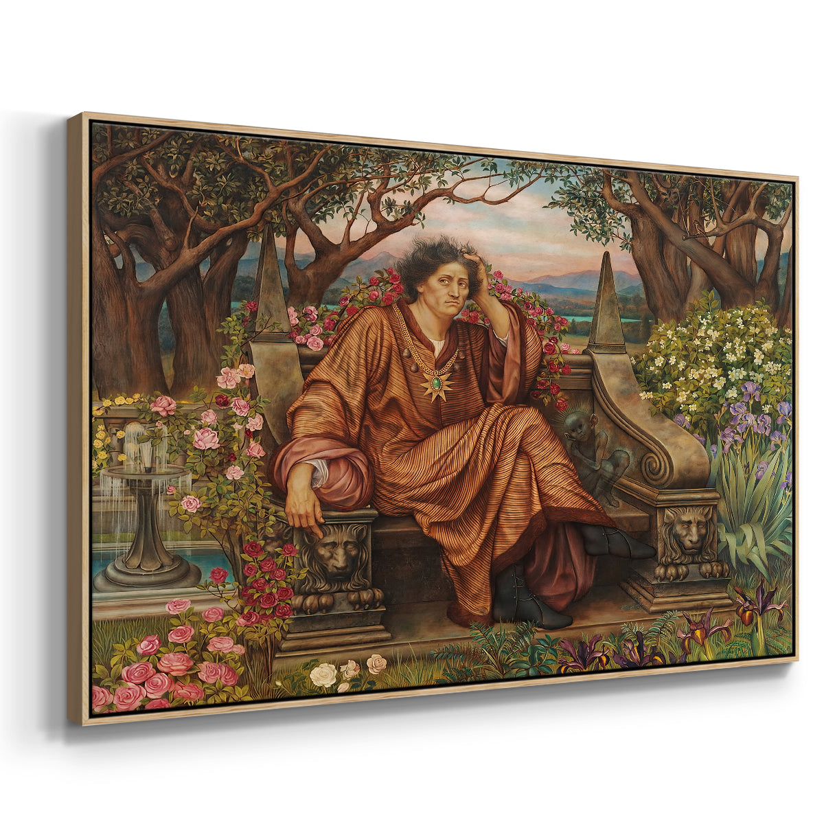 Angled view of A Soul in Hell, c. 1901-1902 by Evelyn De Morgan in a natural wood floater framed canvas.