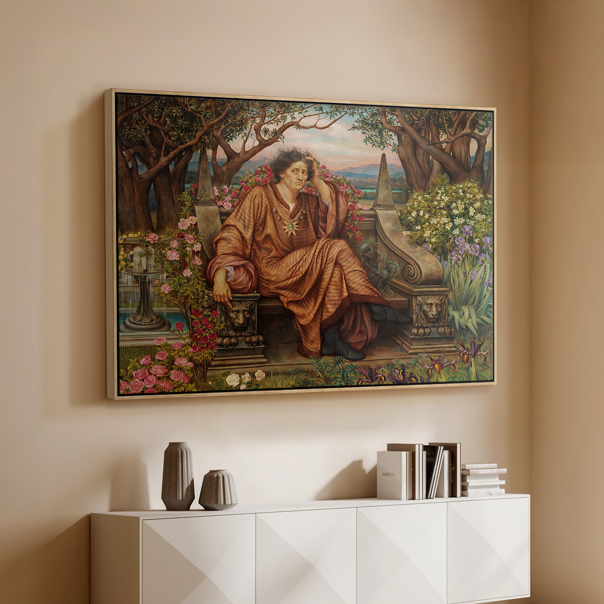 Natural wood floater framed canvas of A Soul in Hell, c. 1901-1902 by Evelyn De Morgan, featuring a dramatic allegory of suffering with figure engulfed in fiery environment above a console cabinet in a minimalist entryway.