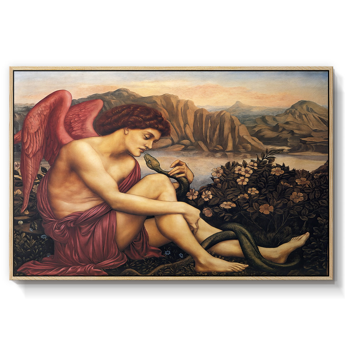 The Angel with the Serpent, c. 1870-1875 by Evelyn De Morgan in a natural wood floater framed canvas wall art display.