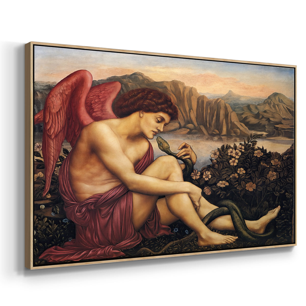 Angled view of The Angel with the Serpent, c. 1870-1875 by Evelyn De Morgan in a natural wood floater framed canvas.