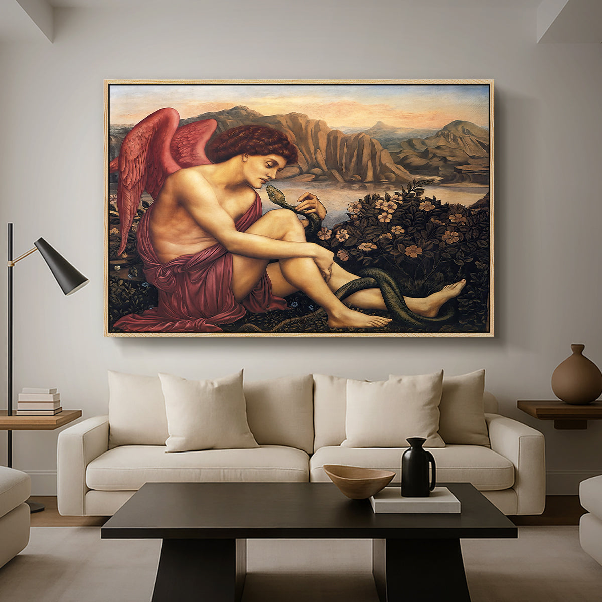 The Angel with the Serpent, c. 1870-1875 by Evelyn De Morgan as a natural wood floater framed canvas featuring an angelic figure confronting serpent in symbolic battle of good and evil, displayed above a sofa in a modern living room.