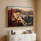 Natural wood floater framed canvas of The Angel with the Serpent, c. 1870-1875 by Evelyn De Morgan, featuring a winged figure standing over serpent in allegorical composition above a console cabinet in a minimalist entryway.