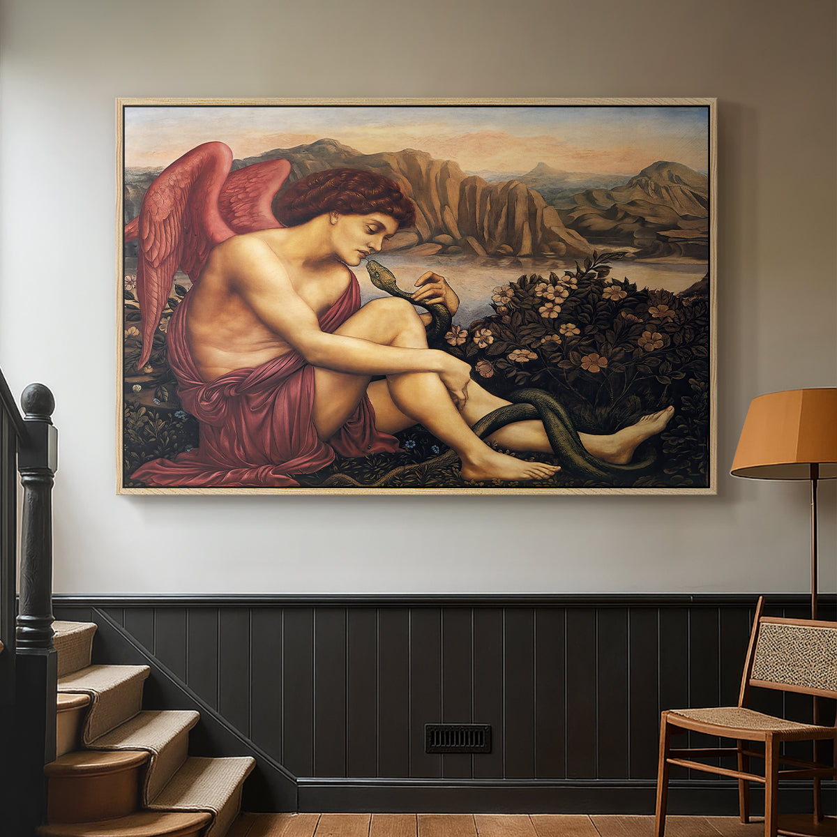 Natural wood floater framed canvas featuring a symbolic imagery of purity overcoming evil forces, displayed in a hallway near a staircase.
