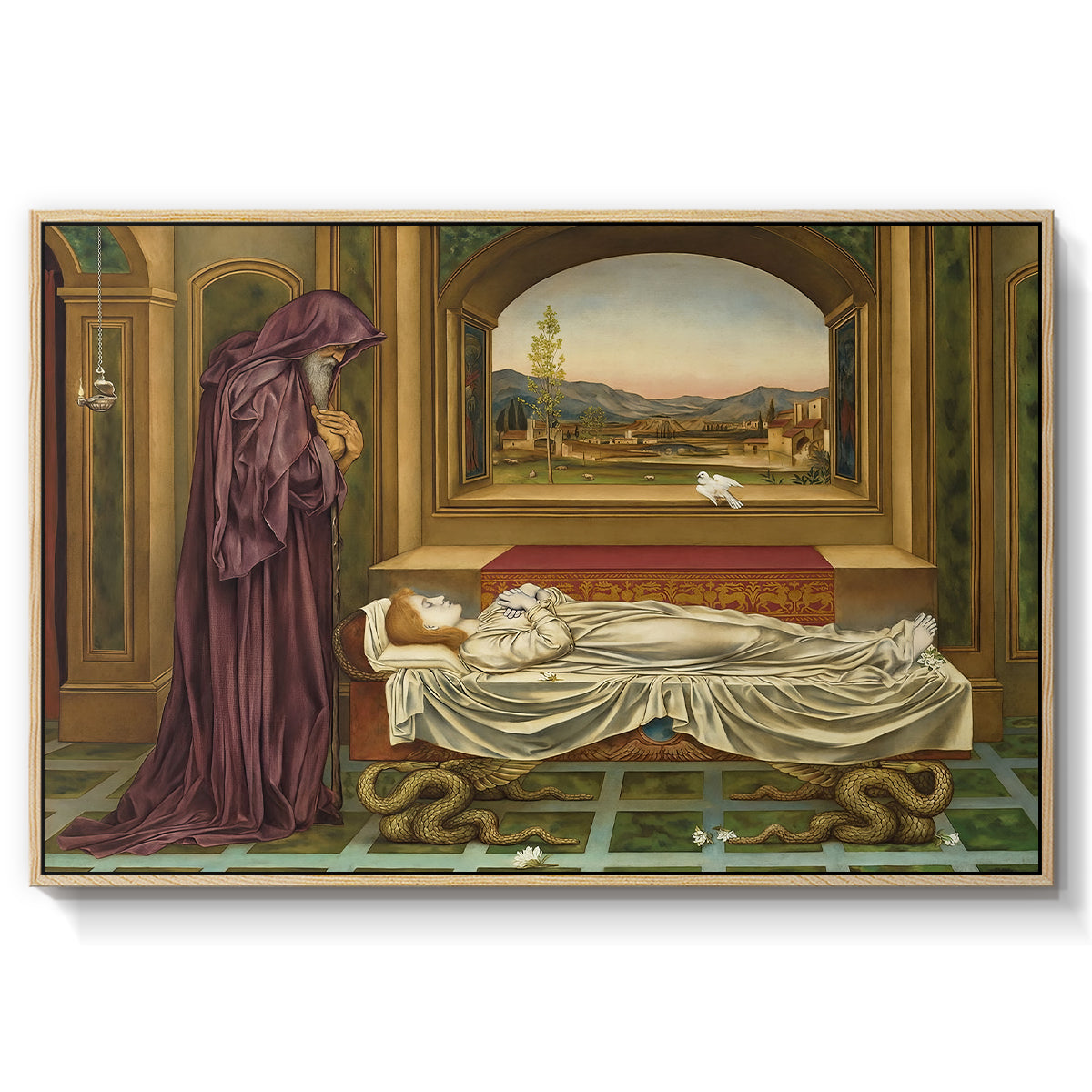 The Wandering Jew: Whom the Gods Love Die Young, 1888 by Evelyn De Morgan in a natural wood floater framed canvas wall art display.