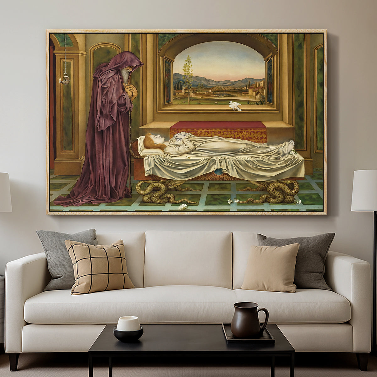 The Wandering Jew: Whom the Gods Love Die Young, 1888 by Evelyn De Morgan displayed in a natural wood floater framed canvas above a sofa in a clean living room.