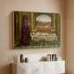Natural wood floater framed canvas of The Wandering Jew: Whom the Gods Love Die Young, 1888 by Evelyn De Morgan, featuring a symbolic portrait of wandering figure in quiet architectural setting above a console cabinet in a minimalist entryway.