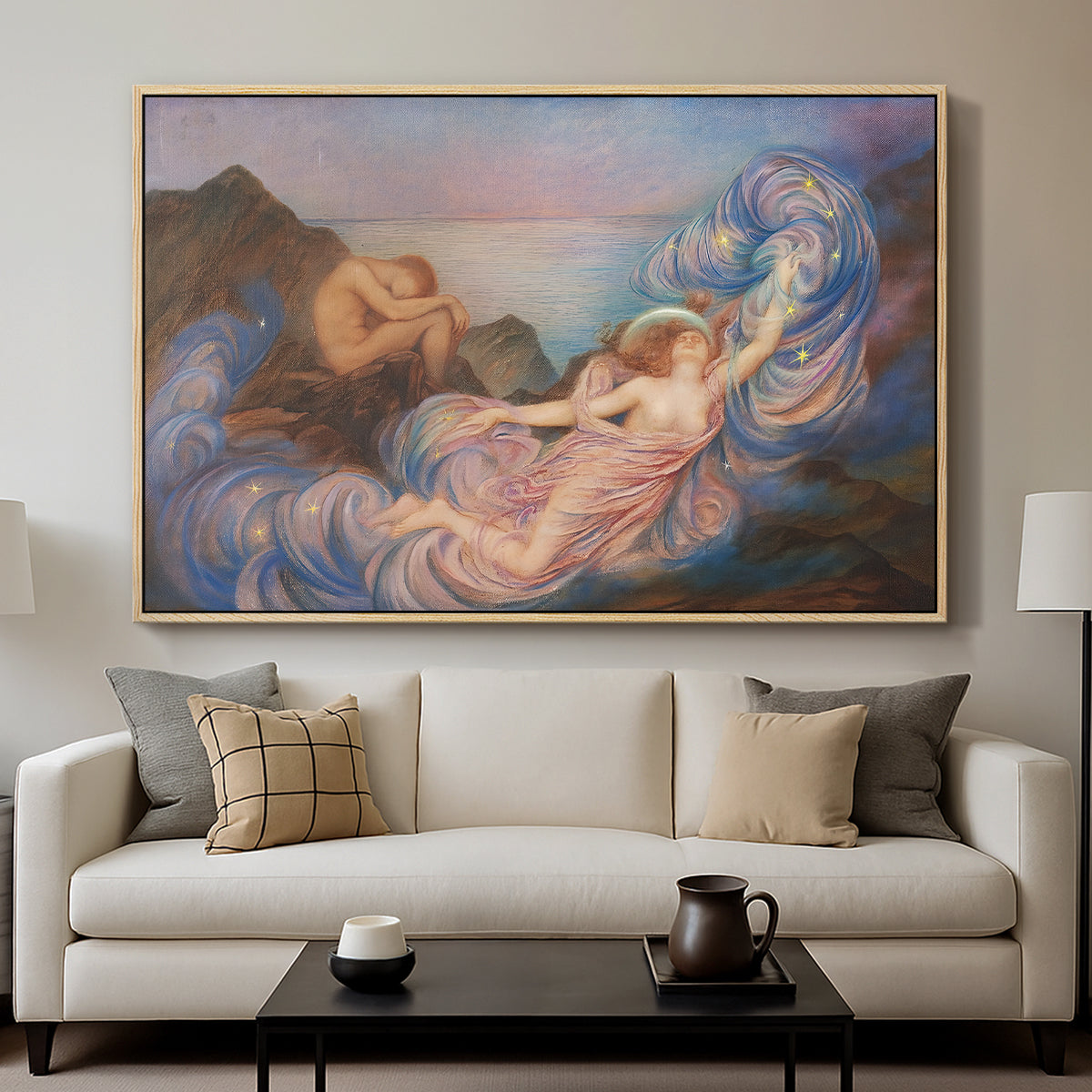 Twilight, 1914 by Evelyn De Morgan displayed in a natural wood floater framed canvas above a sofa in a clean living room.