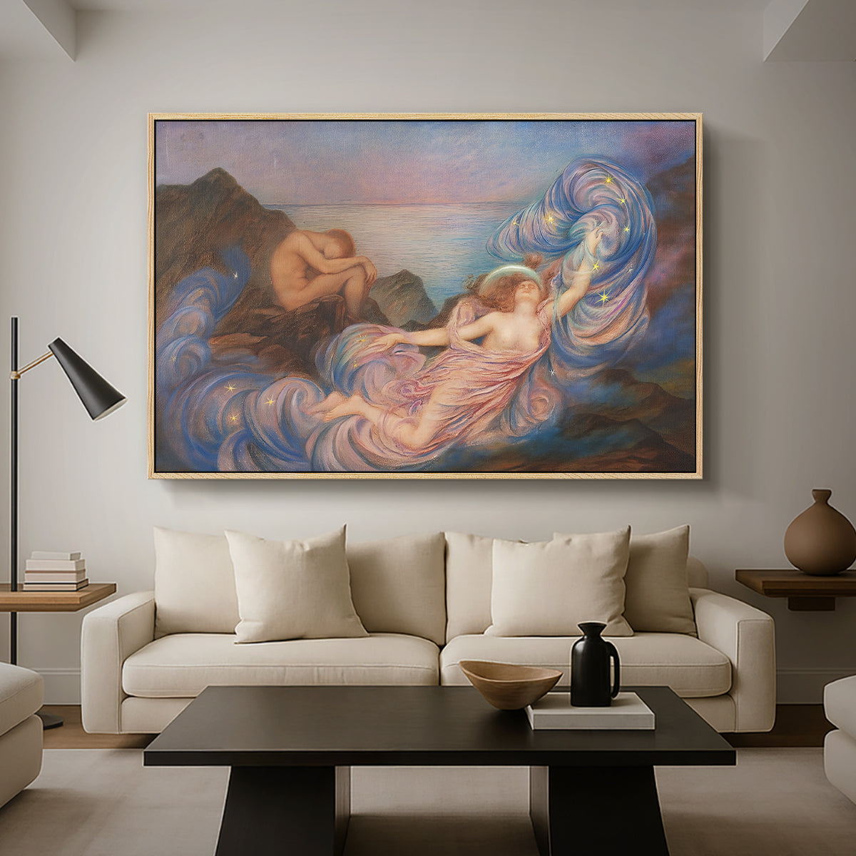 Twilight, 1914 by Evelyn De Morgan as a natural wood floater framed canvas featuring a reclining female figure beneath glowing sky at twilight with soft colors, displayed above a sofa in a modern living room.