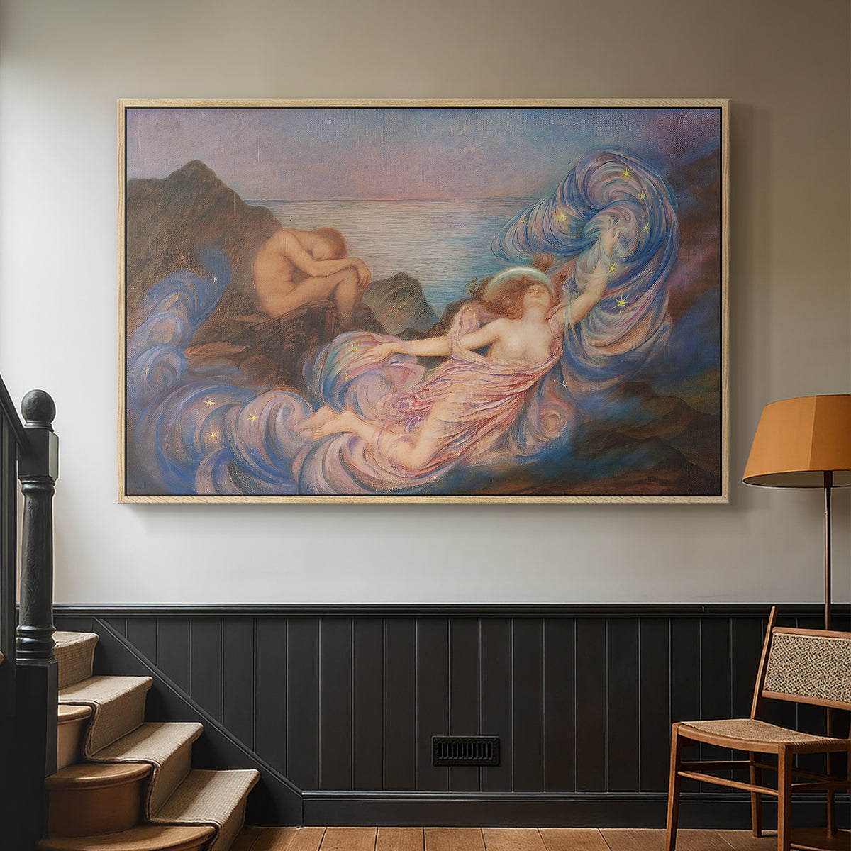 Natural wood floater framed canvas featuring a symbolic scene of figure surrounded by evening tones, displayed in a hallway near a staircase.