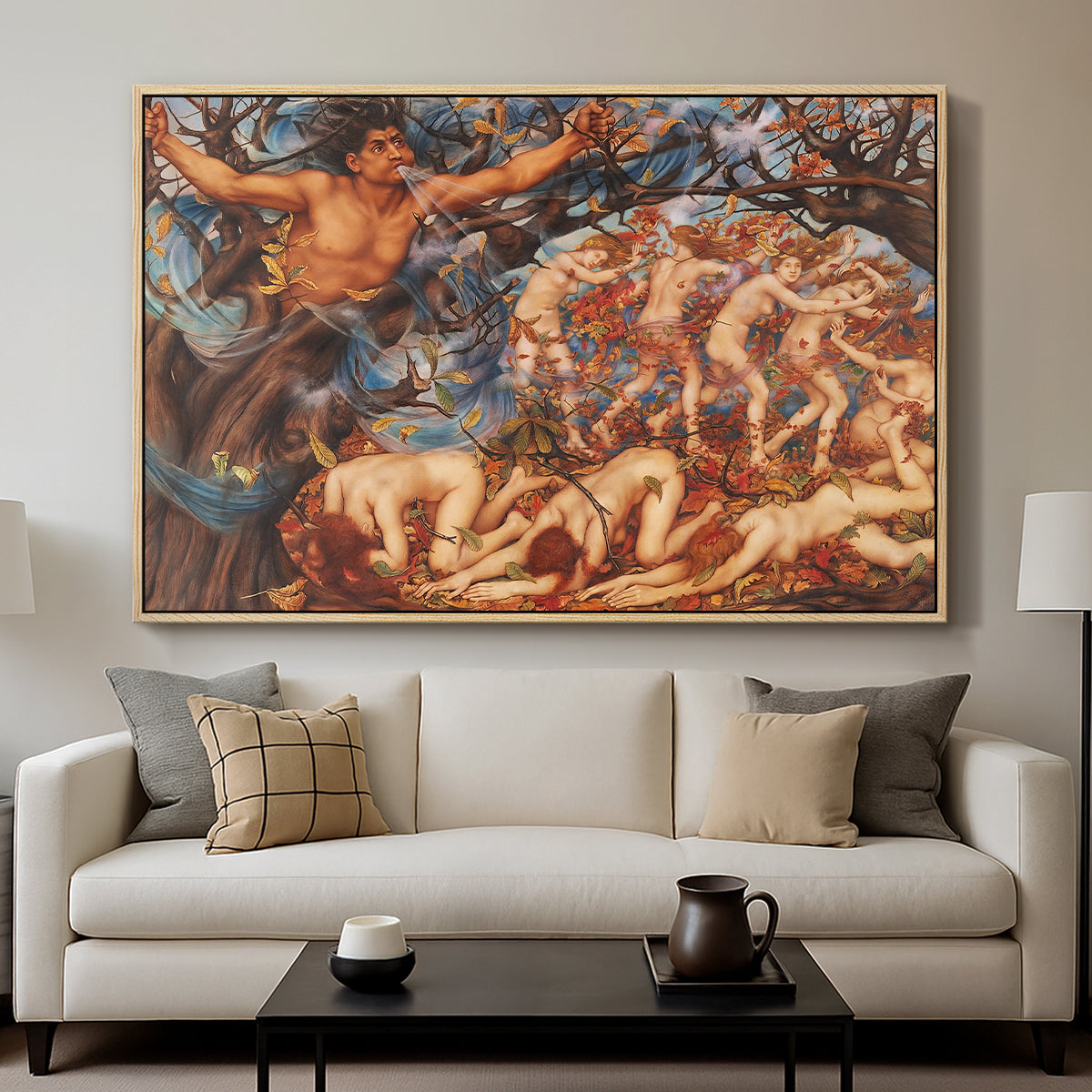 Boreas and the Fallen Leaves, c. 1910-1914 by Evelyn De Morgan displayed in a natural wood floater framed canvas above a sofa in a clean living room.