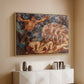 Natural wood floater framed canvas of Boreas and the Fallen Leaves, c. 1910-1914 by Evelyn De Morgan, featuring a mythological scene of wind god Boreas moving through autumn leaves above a console cabinet in a minimalist entryway.