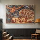 Natural wood floater framed canvas featuring a symbolic representation of motion and seasonal change, displayed in a hallway near a staircase.