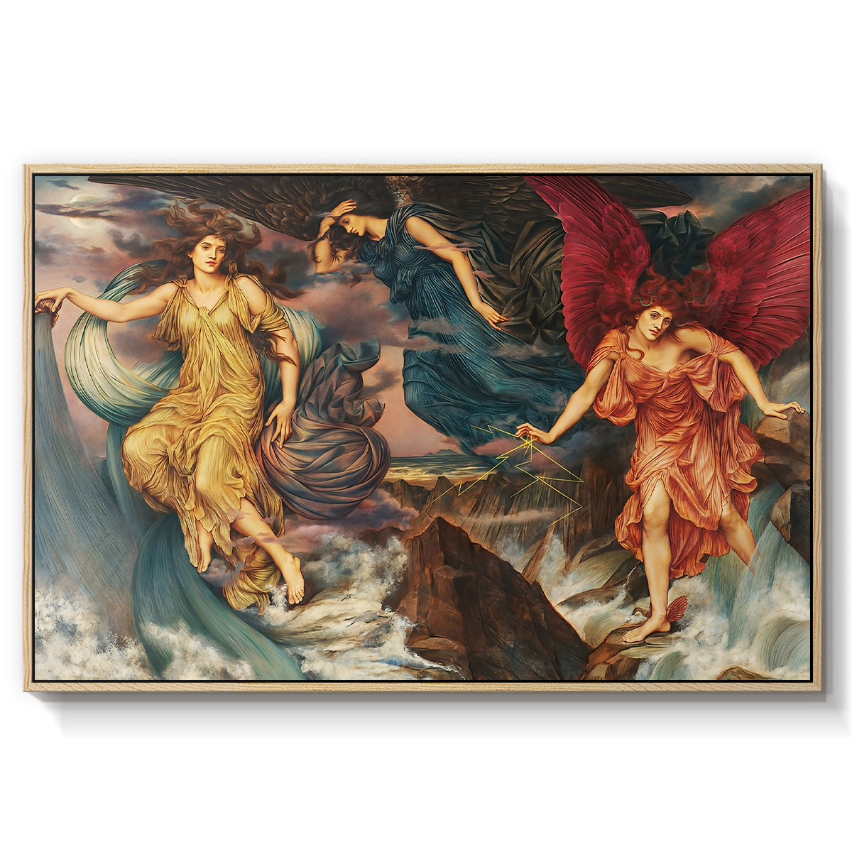 The Storm Spirits, 1900 by Evelyn De Morgan in a natural wood floater framed canvas wall art display.