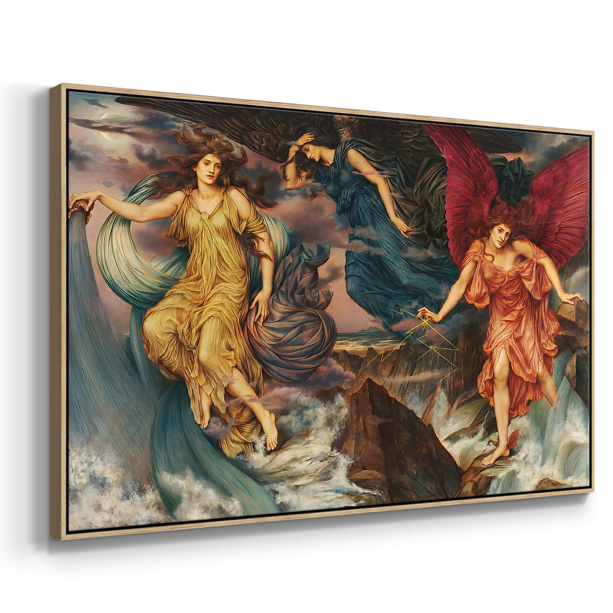 Angled view of The Storm Spirits, 1900 by Evelyn De Morgan in a natural wood floater framed canvas.