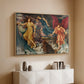 Natural wood floater framed canvas of The Storm Spirits, 1900 by Evelyn De Morgan, featuring a dramatic allegory of spirits moving within turbulent sky above a console cabinet in a minimalist entryway.