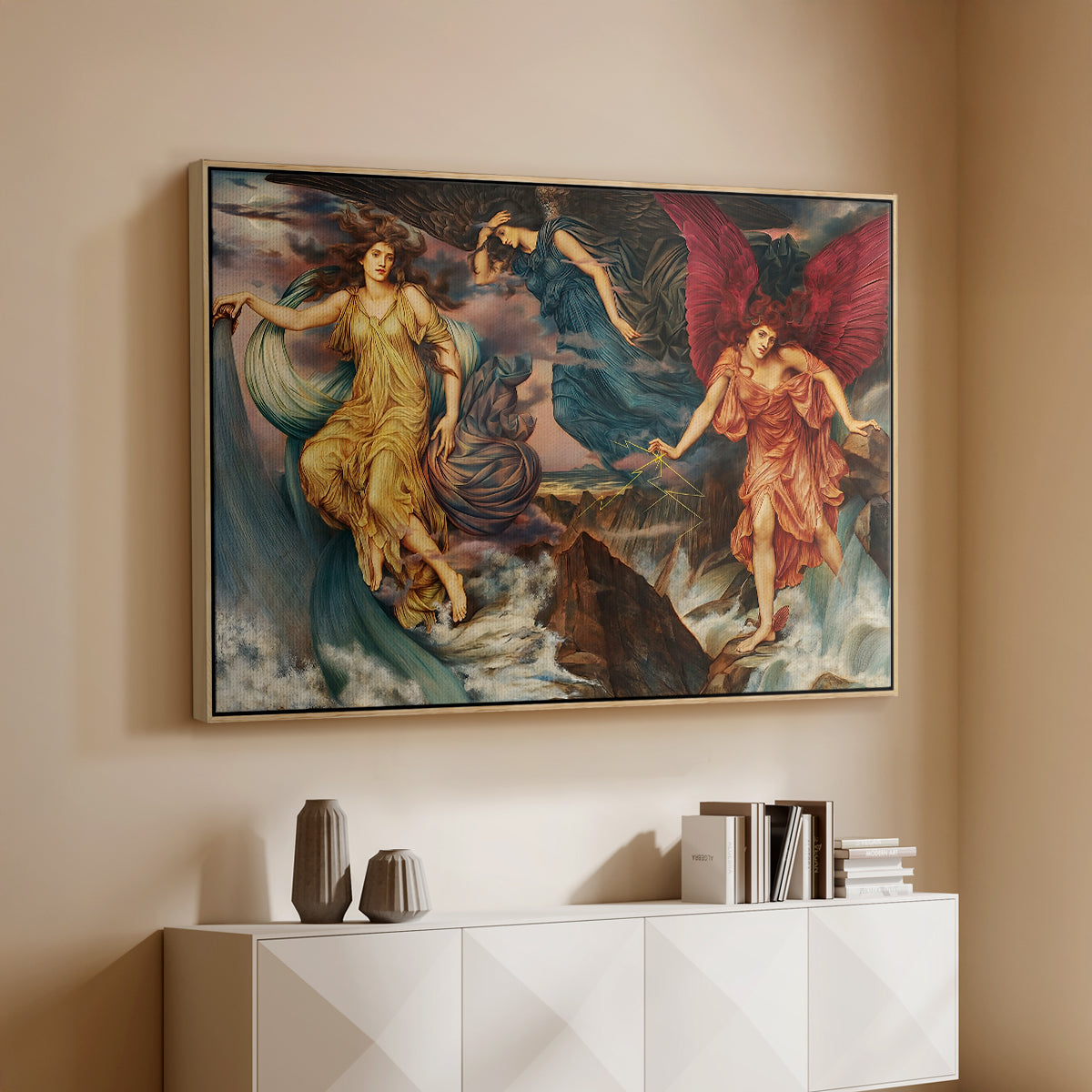 Natural wood floater framed canvas of The Storm Spirits, 1900 by Evelyn De Morgan, featuring a dramatic allegory of spirits moving within turbulent sky above a console cabinet in a minimalist entryway.