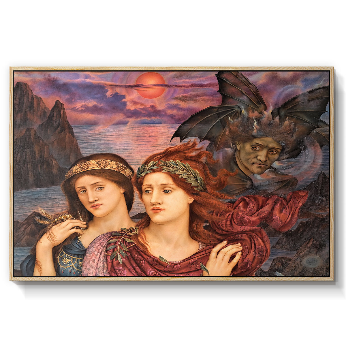 The Vision, 1914 by Evelyn De Morgan in a natural wood floater framed canvas wall art display.