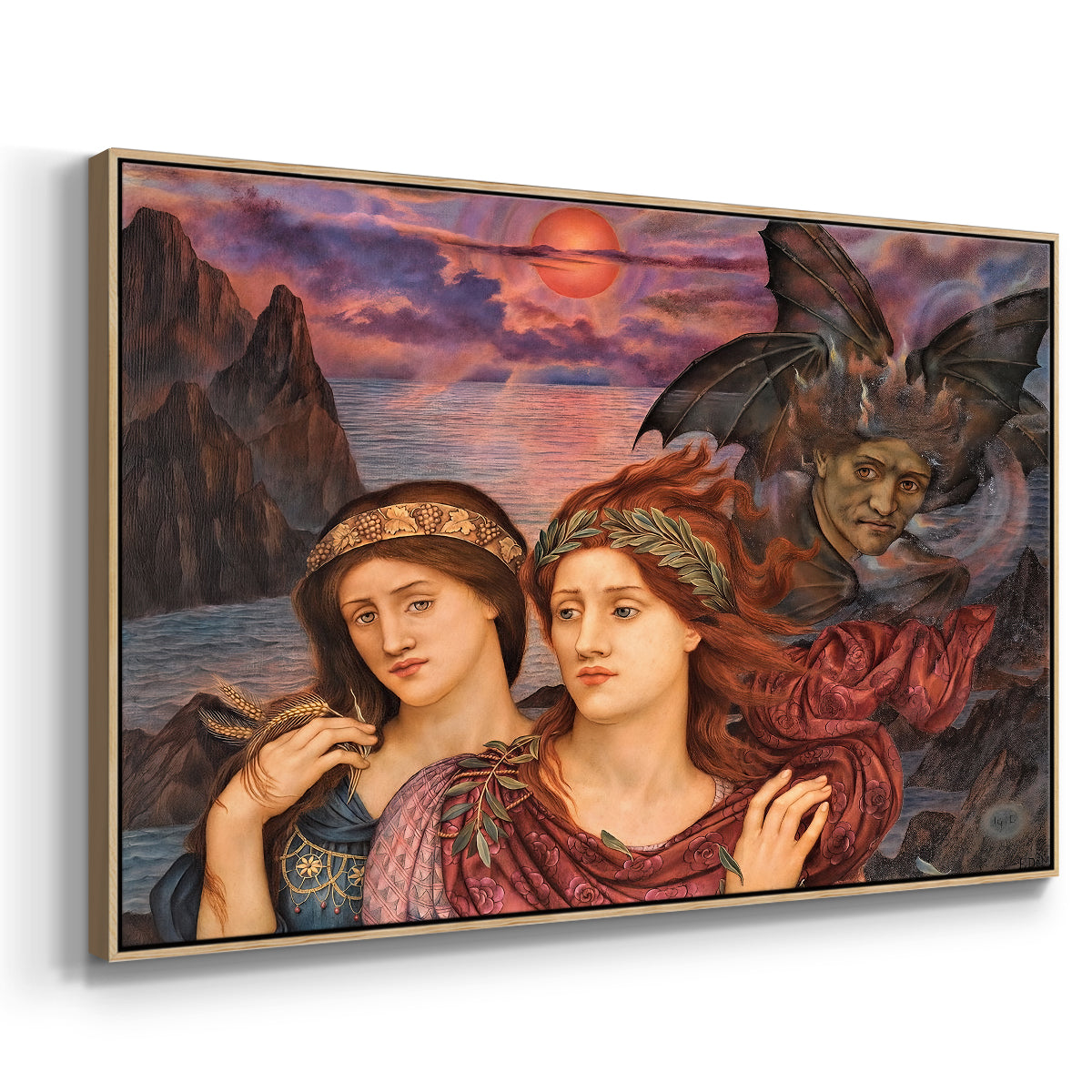Angled view of The Vision, 1914 by Evelyn De Morgan in a natural wood floater framed canvas.