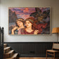 Natural wood floater framed canvas featuring an allegorical scene emphasizing emotion and color, displayed in a hallway near a staircase.
