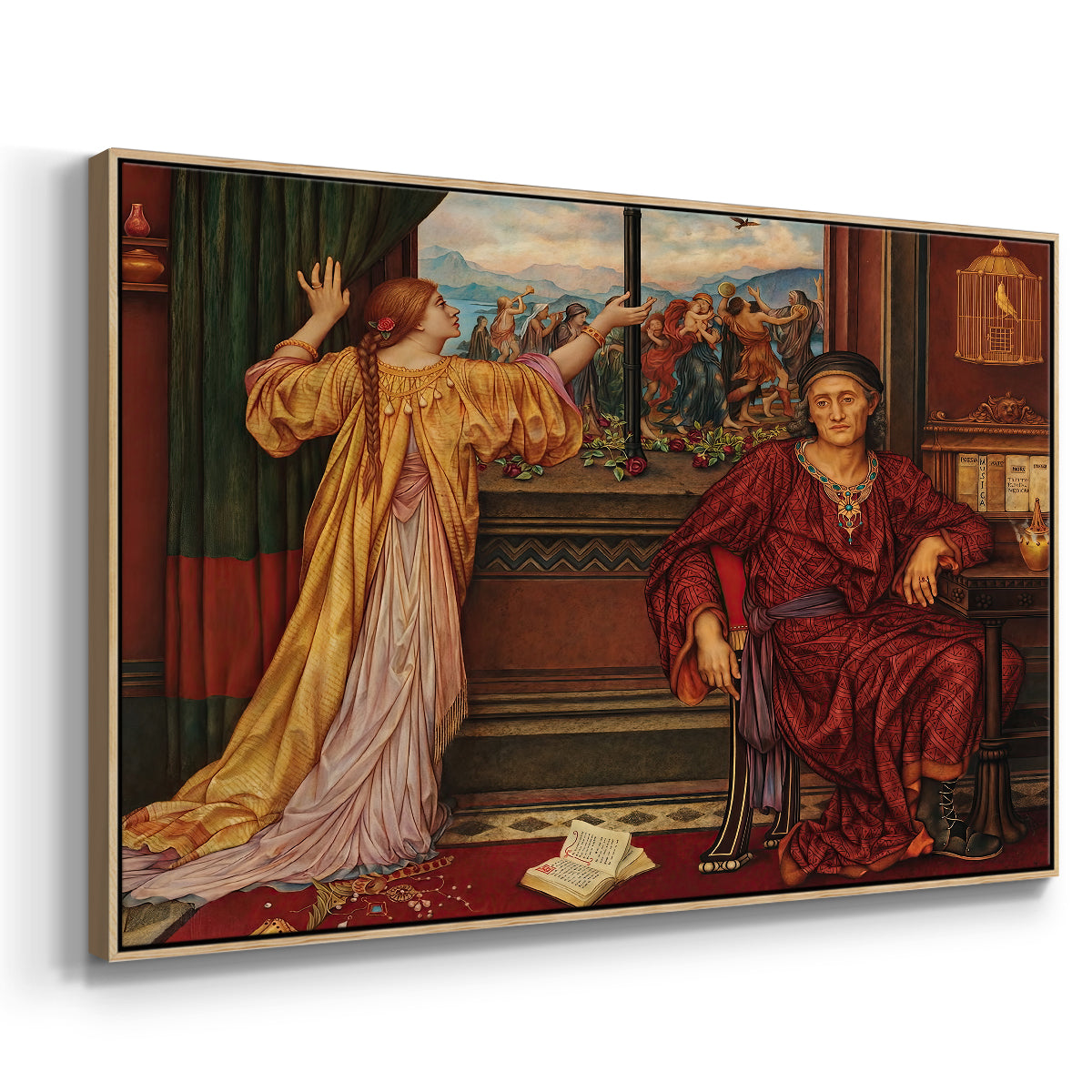 Angled view of The Gilded Cage, c. 1901-1902 by Evelyn De Morgan in a natural wood floater framed canvas.