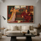 The Gilded Cage, c. 1901-1902 by Evelyn De Morgan as a natural wood floater framed canvas featuring a woman seated inside ornate interior symbolizing confinement and luxury, displayed above a sofa in a modern living room.