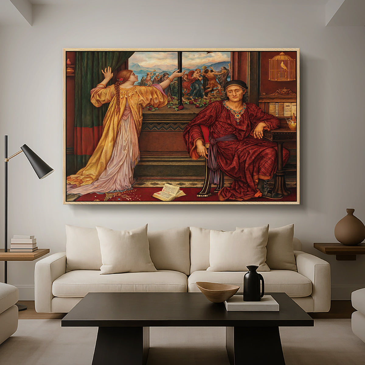 The Gilded Cage, c. 1901-1902 by Evelyn De Morgan as a natural wood floater framed canvas featuring a woman seated inside ornate interior symbolizing confinement and luxury, displayed above a sofa in a modern living room.