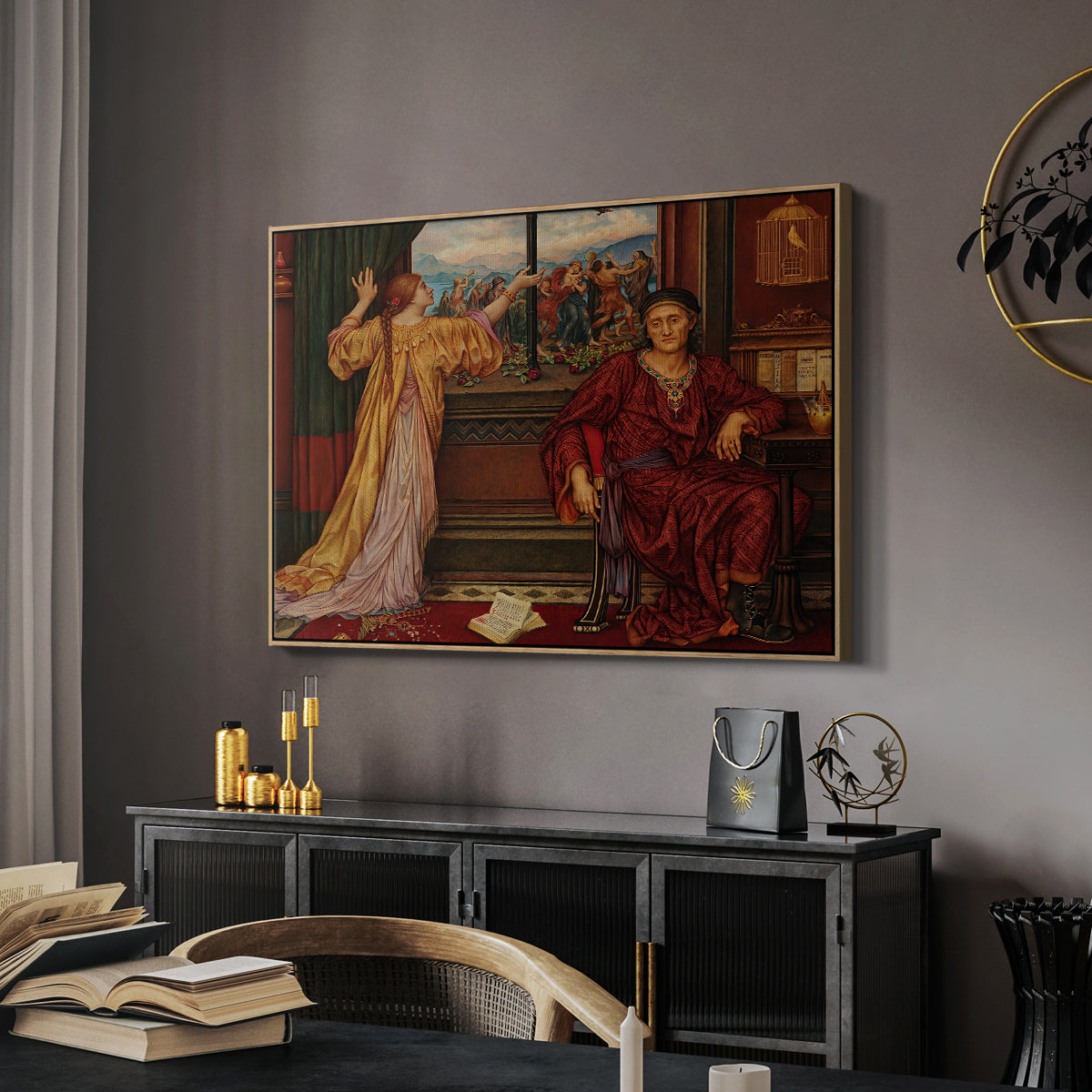 The Gilded Cage, c. 1901-1902 by Evelyn De Morgan in a natural wood floater framed canvas featuring an interior composition with woman and gilded elements suggesting restriction, displayed above a desk in a dark home office interior.