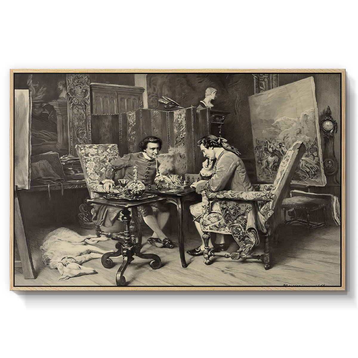 The Chess Players, 1858 by Ernest Meissonier in a natural wood floater framed canvas wall art display.