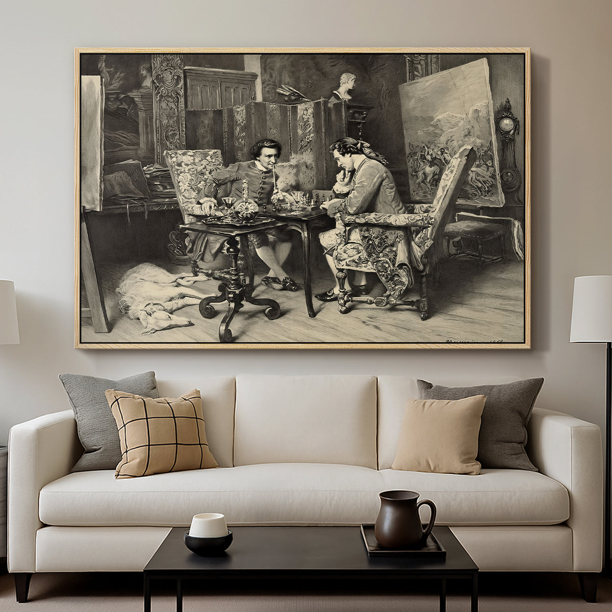 The Chess Players, 1858 by Ernest Meissonier displayed in a natural wood floater framed canvas above a sofa in a clean living room.