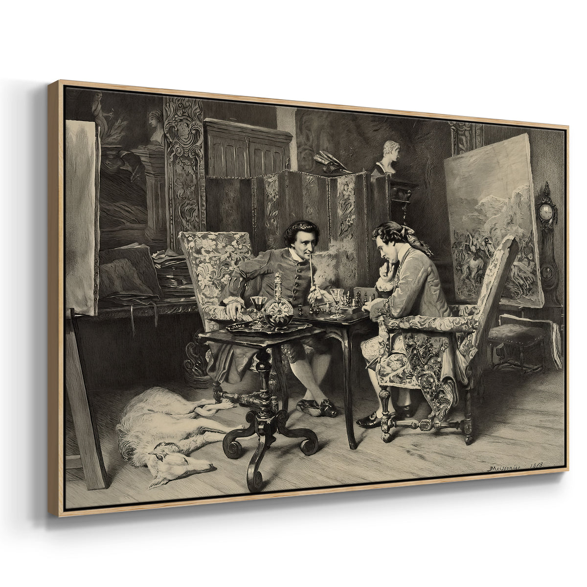Angled view of The Chess Players, 1858 by Ernest Meissonier in a natural wood floater framed canvas.
