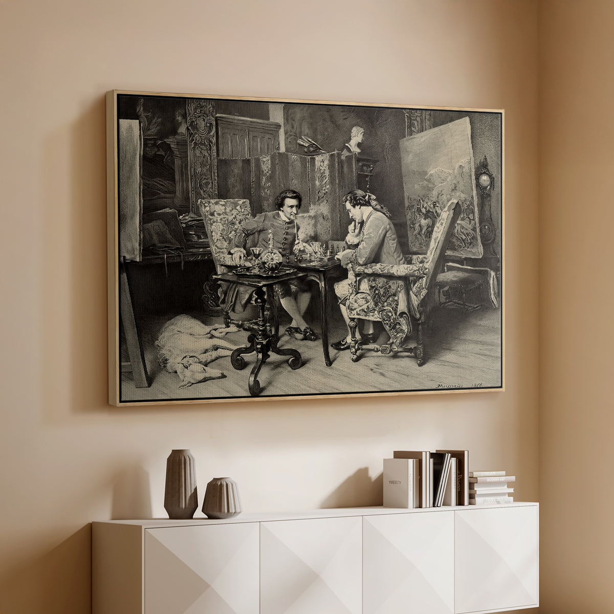 Natural wood floater framed canvas of The Chess Players, 1858 by Ernest Meissonier, featuring a realistic scene of figures concentrating on chess game indoors above a console cabinet in a minimalist entryway.
