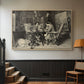 Natural wood floater framed canvas featuring a monochrome-style depiction of strategic game between two figures, displayed in a hallway near a staircase.