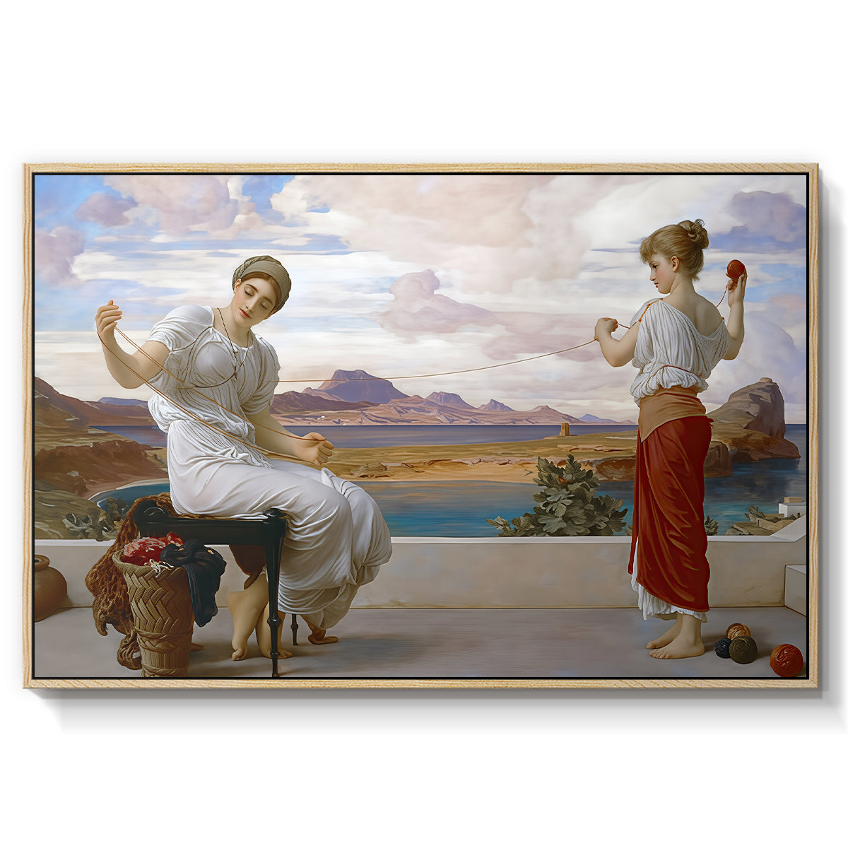 Winding the Skein, c. 1878 by Frederic Leighton in a natural wood floater framed canvas wall art display.