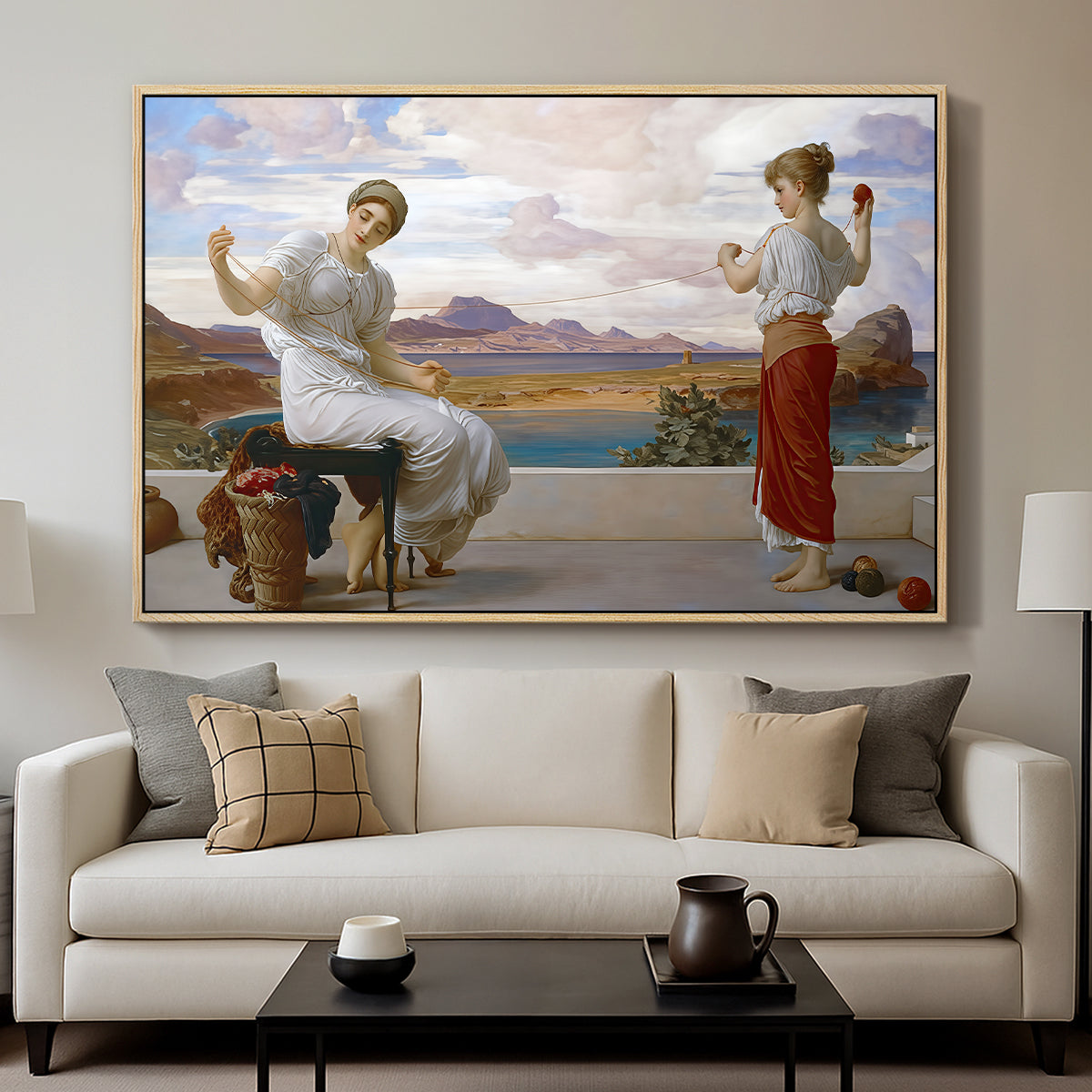 Winding the Skein, c. 1878 by Frederic Leighton displayed in a natural wood floater framed canvas above a sofa in a clean living room.