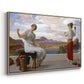Angled view of Winding the Skein, c. 1878 by Frederic Leighton in a natural wood floater framed canvas.