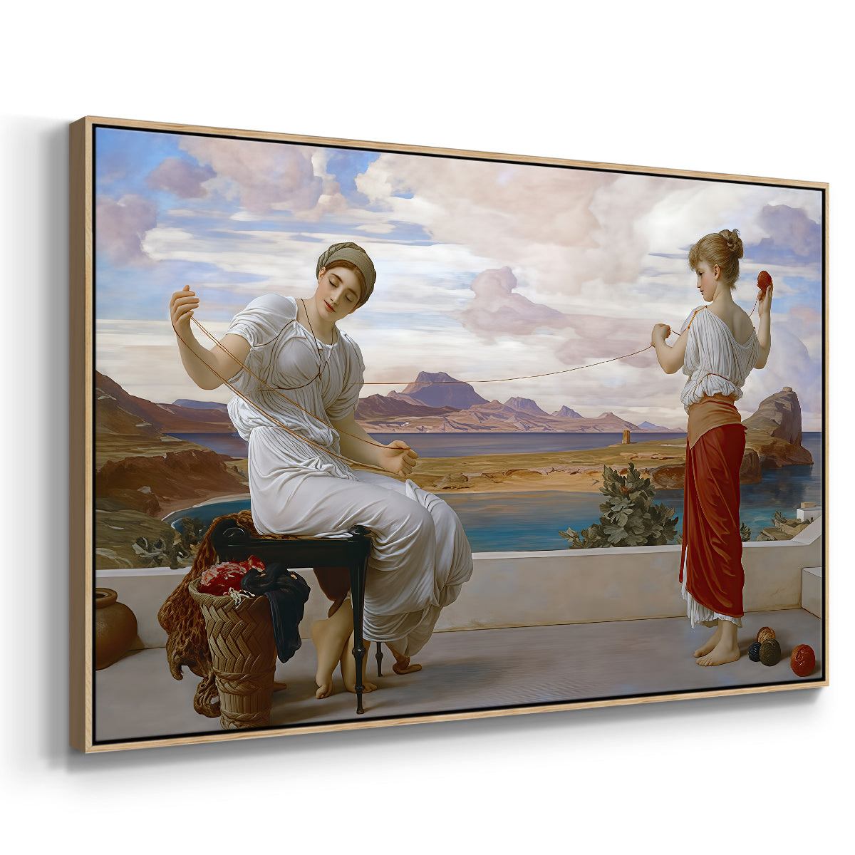 Angled view of Winding the Skein, c. 1878 by Frederic Leighton in a natural wood floater framed canvas.