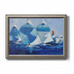Coastal nautical watercolor painting printed on canvas in an ornate vintage silver frame.