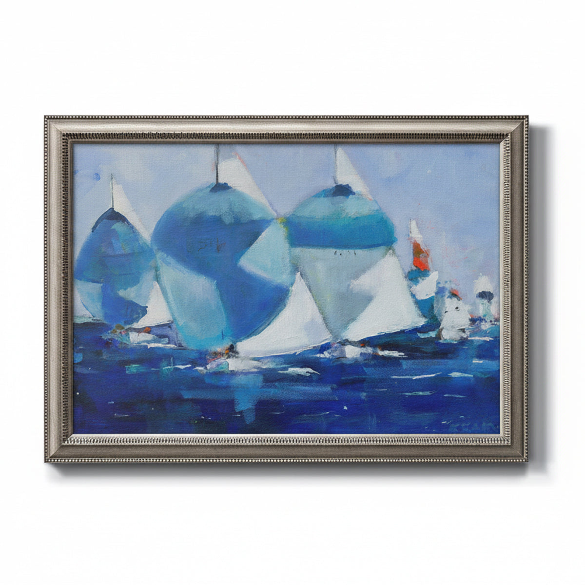 Coastal nautical watercolor painting printed on canvas in an ornate vintage silver frame.