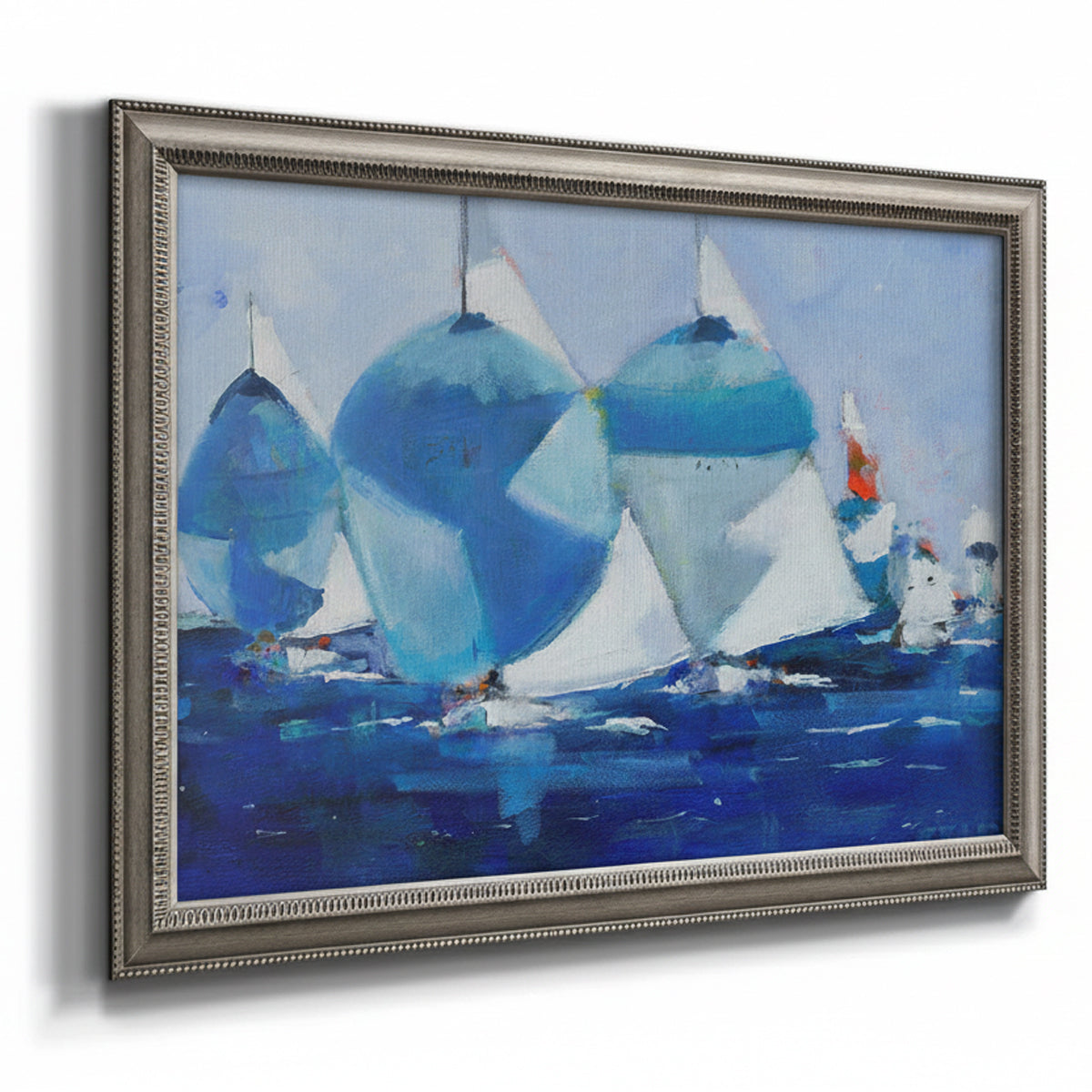 Coastal nautical watercolor painting printed on canvas in an ornate vintage silver frame.