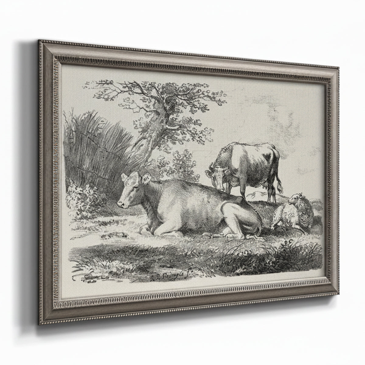 Classical pastoral landscape artwork by Nicolas Berchem printed on canvas in an ornate vintage silver frame.